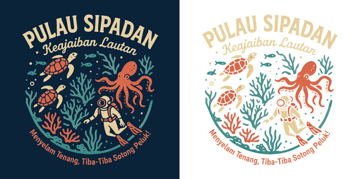 Pulau sipadan marine life diving adventure vintage illustration