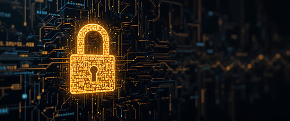 Abstract hacking prevention system, glowing gold binary code forming a lock, dark cyber background, minimal futuristic design