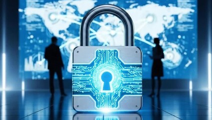 A digital padlock secures global networks symbolizing cybersecurity and data protection - Powered by Adobe