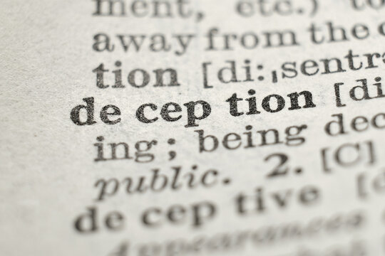 Dictionary macro featuring &ldquo;deception&rdquo;, concept for lies, fraud, manipulation and trust.