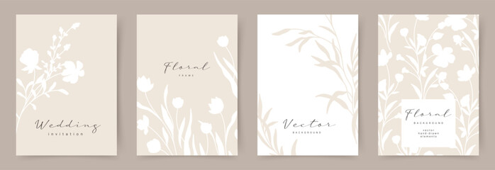 Floral elegant background set with hand drawn flower elements in neutral beige. Vector design templates for wedding invitation, card, poster, business card, flyer, social media, banner, label