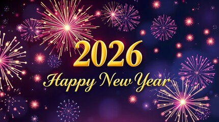 Fireworks burst in vibrant colors to welcome the New Year 2026. The dark night sky is illuminated with bright patterns, creating a festive atmosphere for the celebration