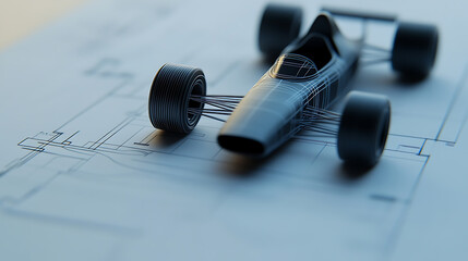 A model race car rests on an architectural blueprint, showcasing the intersection of design and engineering in a sleek, conceptual composition of speed.