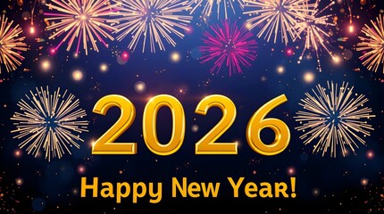 Fireworks burst in vibrant colors to welcome the New Year 2026. The dark night sky is illuminated with bright patterns, creating a festive atmosphere for the celebration