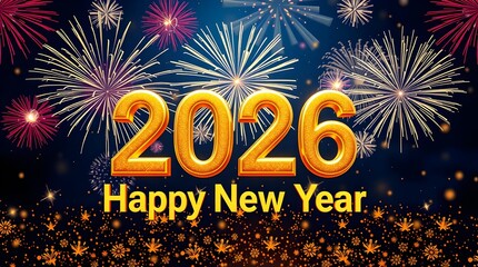 Fireworks burst in vibrant colors to welcome the New Year 2026. The dark night sky is illuminated with bright patterns, creating a festive atmosphere for the celebration