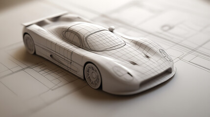 An artistic rendering shows a futuristic white car model with a wire-frame overlay, resting on top of a blueprint, merging artistic vision with technical planning.