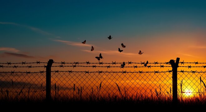 Birds flying over barbed wire at sunset