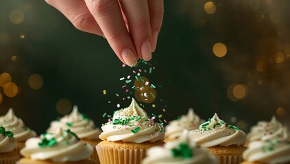 Sprinkling Green Decorations on Cupcakes for a Festive Celebration in a Kitchen
