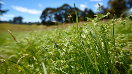 Field of grass, meadow landscape, natural vegetation, open grassland, prairie scene, green pasture, with copy space