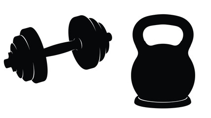 Black and white illustration of a dumbbell and a kettlebell fitness equipment