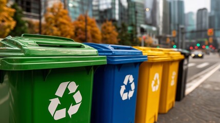 A row of recycling bins are lined up on the sidewalk