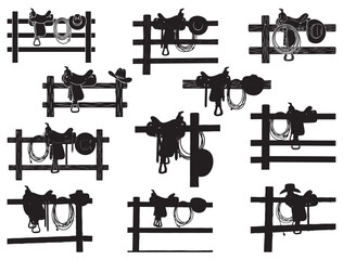  HORSE SADDLE AND HAT ON FENCE SILHOUETTE