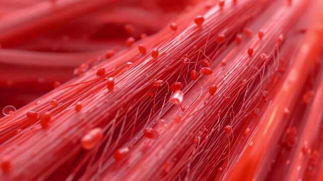 Red fibrous strands covered with round droplets in an extreme closeup against a soft background
