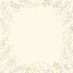 Obraz premium Luxury botanical frame vector with gold glitter accents and delicate black line art leaves on a cream background.