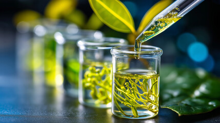 Plant extract tubes pipette, chemical background, botanical analysis display, natural compound extraction, herbal research focus, organic chemistry, with copy space
