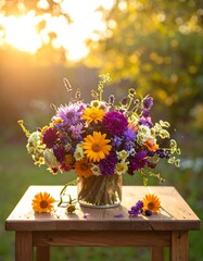 Vibrant flower bouquet in a glass vase, bathed in golden sunlight