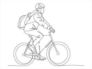 Woman in helmet with backpack riding bicycle. Side view. Continuous line drawing. Black and white vector illustration in line art style. Editable stroke.