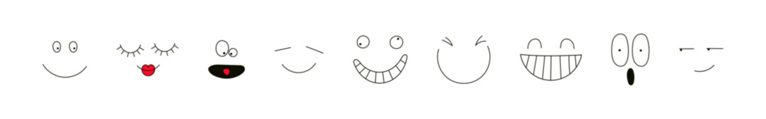 Obraz premium Cute funny faces isolated on transparent background. Hand drawn vector illustration. Line drawing. Cartoon character. Kid fashion, textile print, design element, clip art set, collection