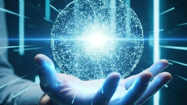 A glowing digital globe held in a person s outstretched hand futuristic technology