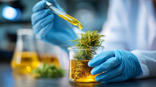 Scientists demonstrating extraction process of CBD oil, hemp plants, laboratory setting, research study, cannabis benefits, natural medicine, with copy space