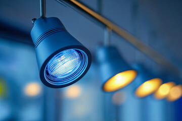 Modern track lighting system with one spotlight emitting cool blue light contrasted by several warm yellow lights softly illuminating a contemporary interior space