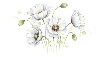 Beautiful white poppies with green stem and buds