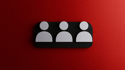 Three white, faceless figures, silhouetted against a black panel, symbolizing unity, teamwork, or group representation on a solid red background, casting subtle shadows.