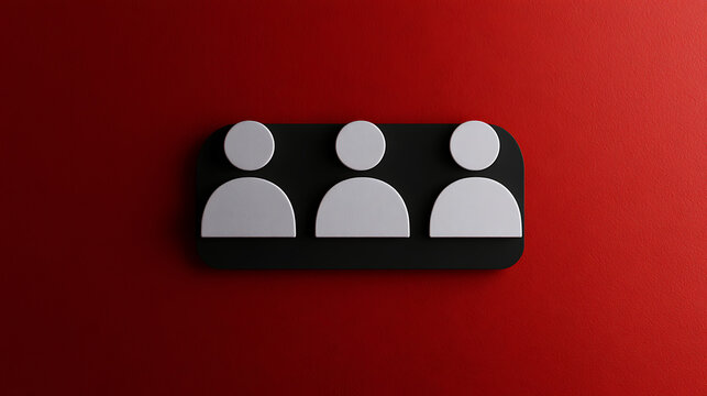 Three white, faceless figures, silhouetted against a black panel, symbolizing unity, teamwork, or group representation on a solid red background, casting subtle shadows. - Powered by Adobe