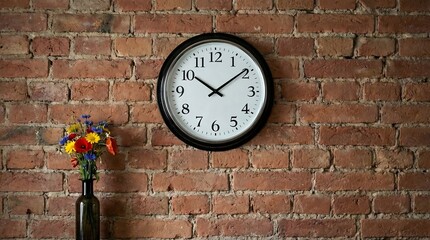 Clock on Brick Wall with Flower Vase Decor