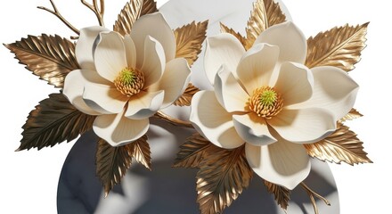 Beautiful white magnolia flowers with golden leaves on vase © SUMA