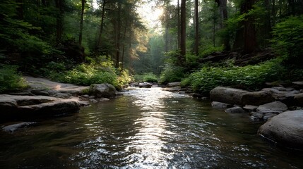 Obraz premium Sunlight streams through a lush forest onto a peaceful flowing stream surrounded by rocks and greenery