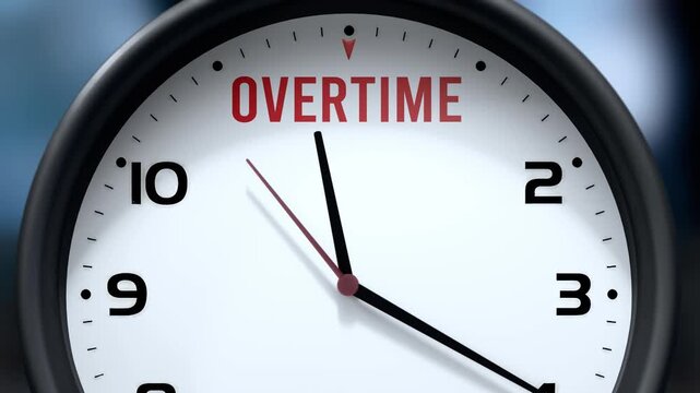 Overtime that is going to happen soon. Upcoming overtime, approaching in the near future. Overtime almost here, in a short time - a clock symbolizes a reminder that overtime is near.