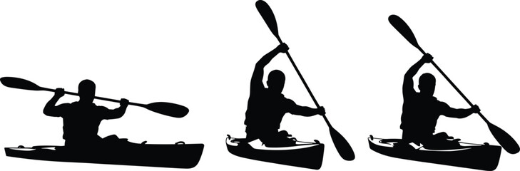 Black Kayaking Silhouette Set Featuring Three Active Men Rowing Kayaks with Paddles Isolated on White Background for Outdoor Adventure Design (Exactly 20 words)