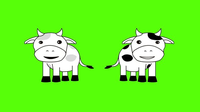 Animated cartoon style video with two cows in black and white on a green background, Christmas, art, 2D.