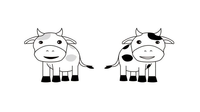 Animated cartoon style video with two cows in black and white, art, 2D.
