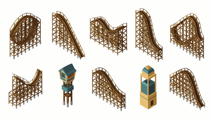 Isometric wooden roller coaster elements and structures for amusement park design © Indhgraphy Visual