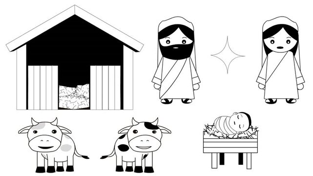 Animated Christmas cartoon style video with Joseph, Mary, baby Jesus, cattle, a star, and a barn in black and white, Christmas, art, 2D.