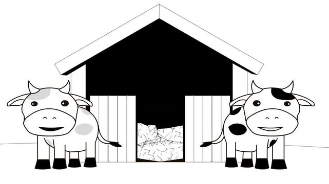 Animated video in Cartoon style drawing with two cows and a barn in black and white, art, 2D.