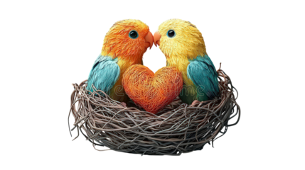 Two charming lovebirds nestled in nest with heart shaped decoration expressing affection and love in romantic scene on transparent backdrop