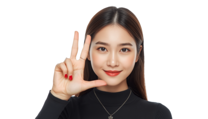 A young woman making a peace sign with her hand on a