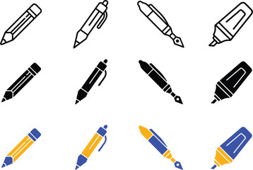 Professional office stationery and school supplies icon collection featuring writing pens pencils staplers drafting tools and organization accessories flat Vector Silhouette, Pictogram and Line Icon S