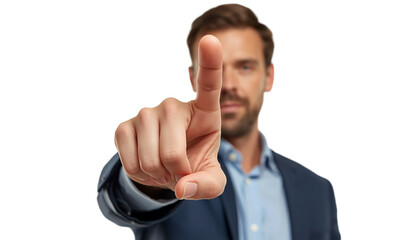 A man in a suit pointing his finger for the concept of warning or caution.