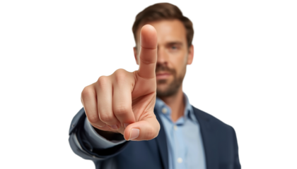A man in a suit pointing his finger for the concept of warning or caution.