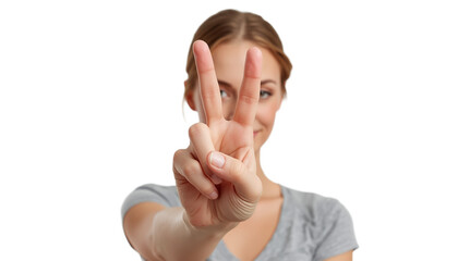 A young woman showing a peace sign with her fingers on