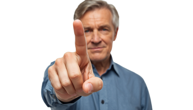 A middle-aged man pointing his finger in a gesture of warning or caution. - Powered by Adobe