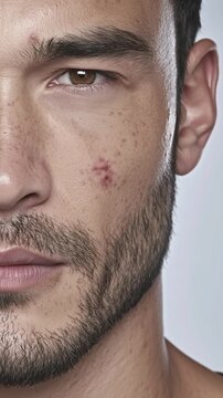 Closeup of young man face with acne pimples on cheek skin looking at camera