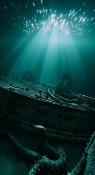 Giant octopus tentacles wrapping around old shipwreck on deep ocean sea floor