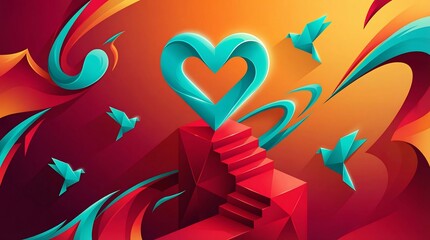 Abstract Heart Staircase with Flying Paper Birds