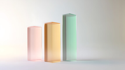 Three glass bars of different heights stand on a white surface against a white background, with subtle gradients of pink, orange, and green. The lighting is soft and diffused.