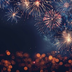 Colorful fireworks display background with bokhen copy space for text or wishes on a night sky background.
